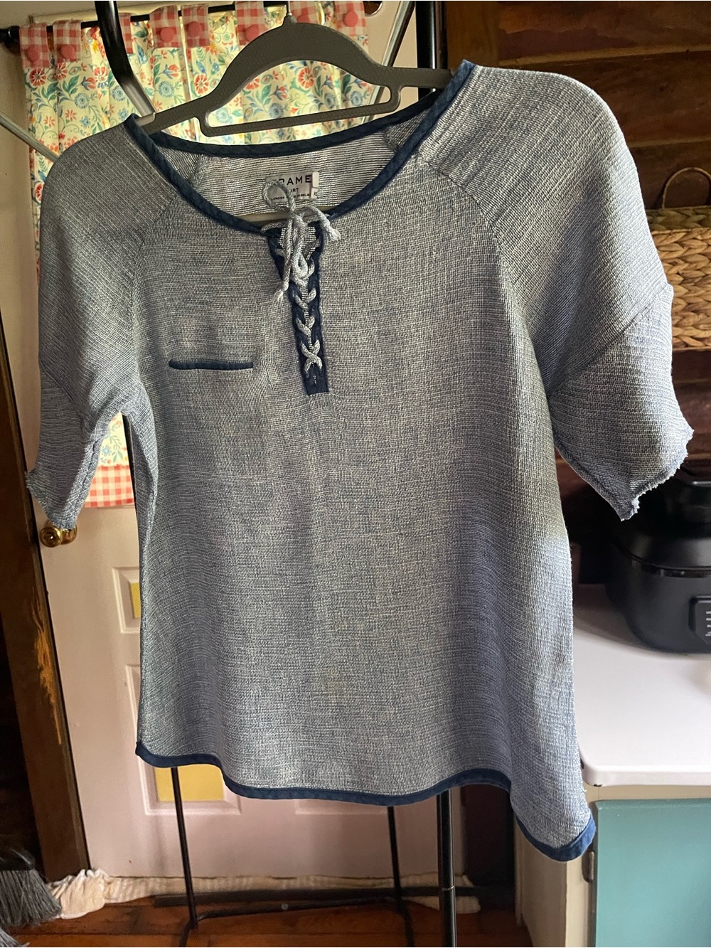 Frame Denim Pale Blue Lace-Up Knit Tunic with Dark Trim